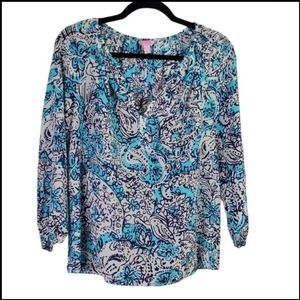 Lilly Pulitzer Sarabeth Blouse Womens Small Silk Shorley Blue Beachy Preppy  S‎